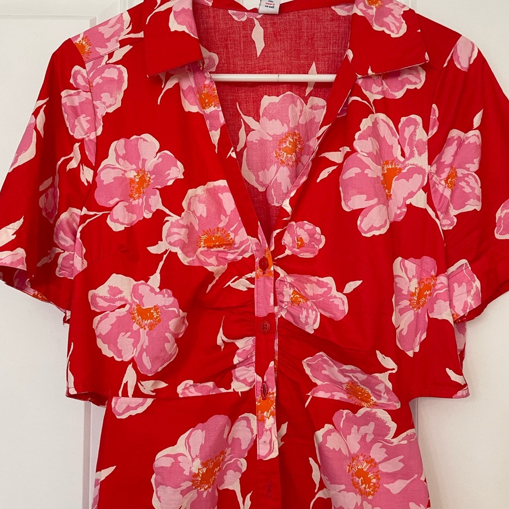 Floral print button down dress.